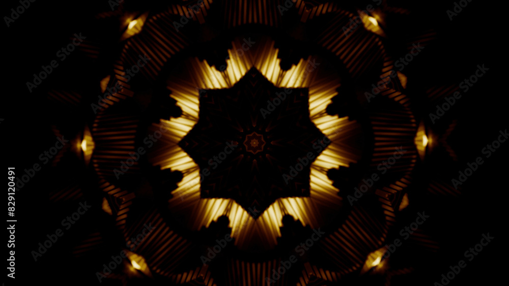 Poster golden shapes on black background, abstract objects. design. spreading and pulsating circular fracta