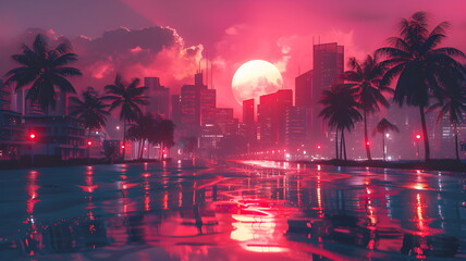 a retro-futuristic paradise with a landscape featuring tropical beach palm trees