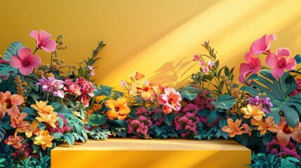 One wide podium, clear upper space, stock photo, tropical flower.