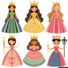 Six cartoon princesses, diverse ethnicities, smiling, wearing colorful royal dresses crowns, childrens fairy tale theme. Princess characters standing, different hairstyles, joyful, fantasy costumes © Vectorvstocker