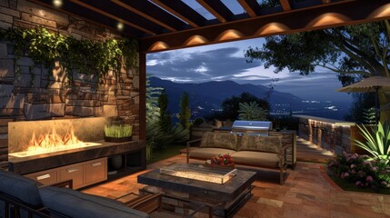 Outdoor Grill. Night Time Patio Atmosphere with Fireplace and Grill