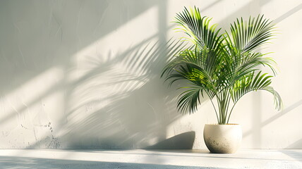 a tropical palm tree pot against a white wall