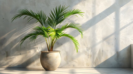 Obraz premium a tropical palm tree pot against a white wall