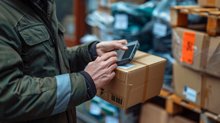 A close-up of a delivery person's hands scanning a package with a handheld device, ensuring accurate tracking and delivery to the correct destination