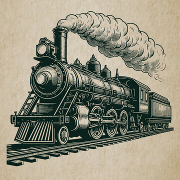 Steam locomotive, old train, Hand drawn illustration