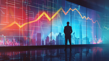 A businessman standing in front of a large screen, presenting data with a bold arrow moving upwards, emphasizing business improvement