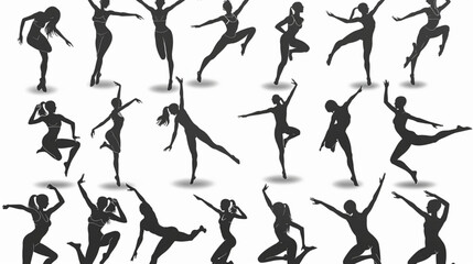 gymnastic characters (girls) detailed vectors or silhouettes set (Black and White