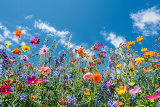 Oil painting of colorful flowers, large blue sky background, ultrahigh definition details, textured oil paint, vibrant colors, natural light, fantasy, fantasy flower garden