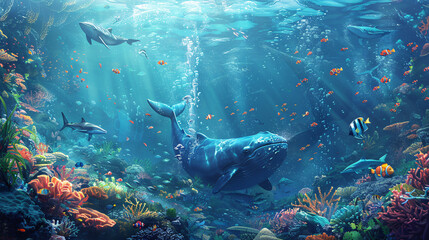 Fototapeta premium An underwater cartoon landscape showcasing a bustling community of marine animals, from cheerful clownfish to majestic whales, amidst swaying seaweed and coral