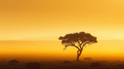 Silhouette of a lone tree bathed in soft yellow light, standing as a symbol of strength and serenity
