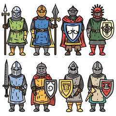 Medieval knights illustrated various poses holding weapons shields. Knights wear armor, helmets, heraldic emblems represent different noble houses. Colorful drawing armored characters depicting