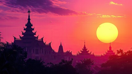 Silhouette of a temple hall against a vibrant sunset, highlighting the elegance of its traditional design