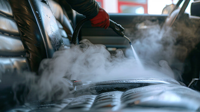 A professional detailer steam-cleaning the seats of a car, with steam visibly rising, indicating a deep and effective cleaning process