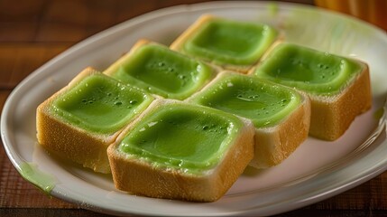 Soft bread slices and green sangkhaya custard, arranged on a white plate, offering a sweet and satisfying dessert