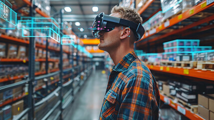 Naklejka premium A futuristic warehouse with a seamless blend of virtual and physical elements, where augmented reality guides workers in picking and packing orders with precision