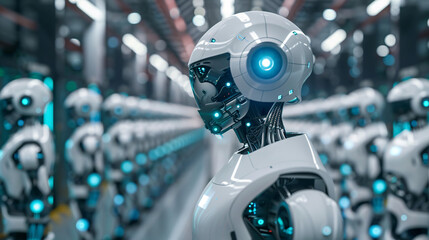 An advanced warehouse where humanoid robots collaborate with humans, passing items back and forth efficiently under a ceiling of pulsating LED lights