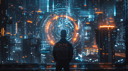 An intriguing image of a fitness tracker displaying biometric data overlaid on a futuristic cityscape, highlighting the intersection of health and technology