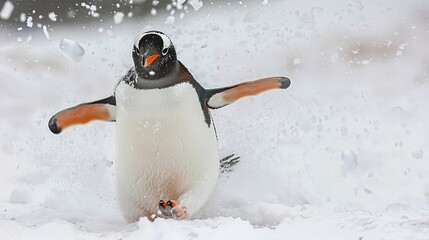 Adorable penguin enjoying a snowy day, sliding and rolling in the fresh white powder with glee