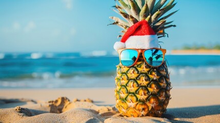 Stylish pineapple wearing sunglasses and Santa hats on sandy beach by turquoise sea creating a fun and festive holiday vibe