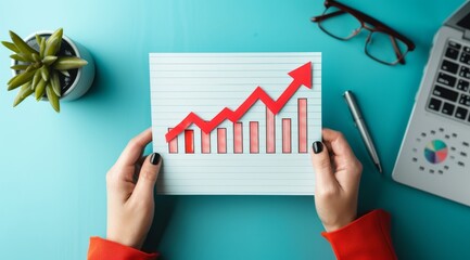 Top view of hands holding red arrow pointing up on bar graph and financial plan at office desk with blue background, flat lay