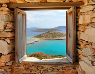 The picturesque view from an open window of an old abandoned stone home reveals the tranquil expanse of the blue Aegean Sea dotted with Aegean islands