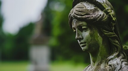 Obraz premium Weathered stone statue in a lush green garden