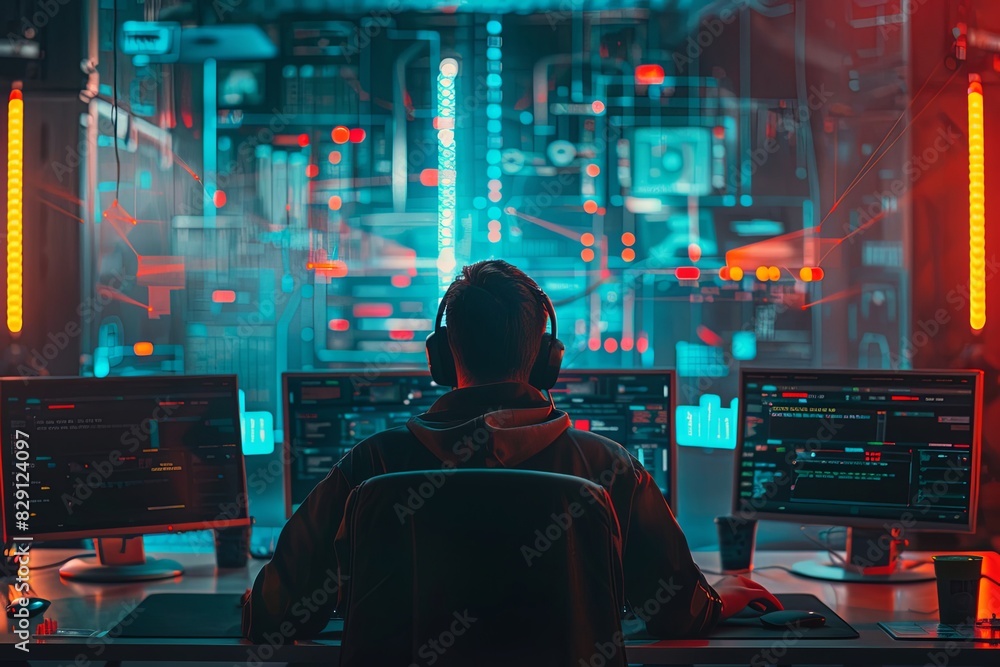 Aufkleber a man is seated at a desk in front of three computer monitors, engaged in work or activities related