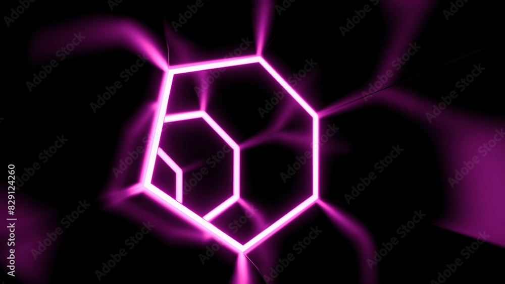Poster rotating cyber tunnel with neon hexagonal lines. design. moving dark tunnel with reflection of neon 