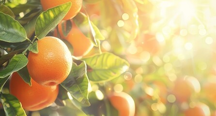 Ripe oranges growing on tree with sunlight
