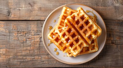 Belgian waffles with strawberries, blueberries and syrup, homemade healthy breakfast