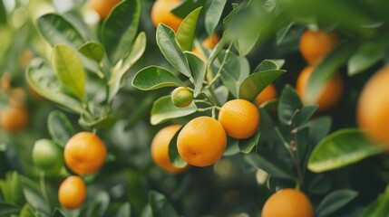Ripe oranges growing on tree with green leaves