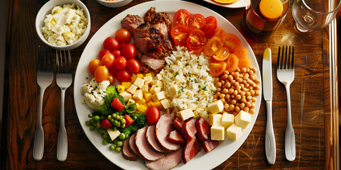 A rustic wooden board showcases the mouthwatering combination of thinly sliced smoked meat and assorted cheeses. The vibrant colors and textures create a visually appealing arrangement. 