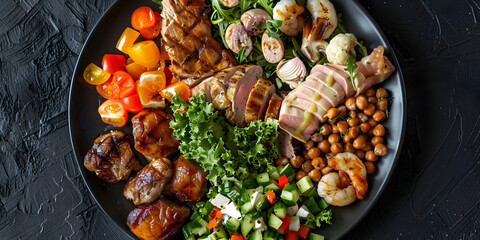 Three types of meat with lettuce and tomatoes lying on a wooden board. 
