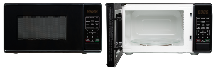 Microwave oven. Black microwave oven for warming food, drink, cooking lunch, defrost meat, cook meal. Electrical kitchen appliances. New equipment for house. Isolated Background