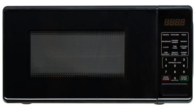 Microwave oven. Black microwave oven for warming food, drink, cooking lunch, defrost meat, cook meal. Electrical kitchen appliances. New equipment for house. Isolated Background