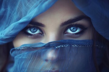 Fototapeta premium Mysterious blue-eyed woman in blue veil