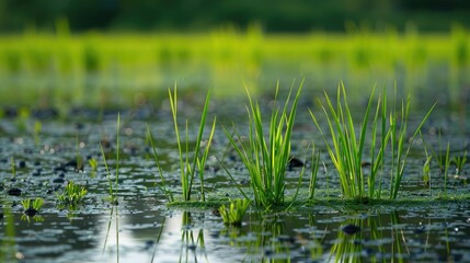 Young rice plants growing in a flooded field