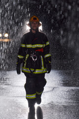 A determined female firefighter in a professional uniform striding through the dangerous, rainy night on a daring rescue mission, showcasing her unwavering bravery and commitment to saving lives.