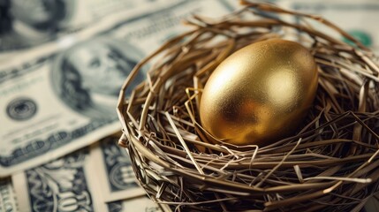 A golden egg nestled in a nest of dollar bills, representing savings and financial growth over time - Powered by Adobe