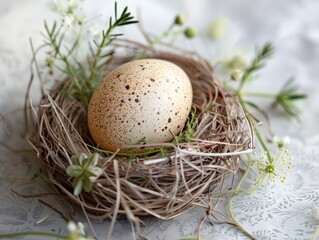 Obraz premium Speckled egg in a nest with greenery