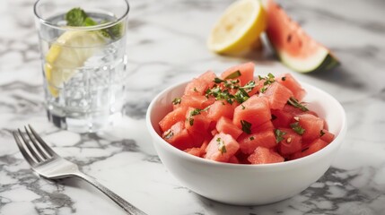 Refreshing Bowl of Chopped Watermelon with Lemon Water on Marble Background