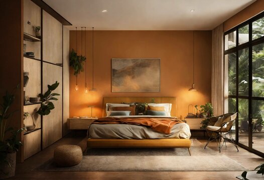 interior of a bedroointerior of a bedroomThe walls were painted a calming shade of light blue, complementing the dark wood furniture. A large, plush bed with crisp white sheets dominated the room, whm