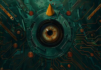 Obraz premium Futuristic cybernetic eye on circuit board