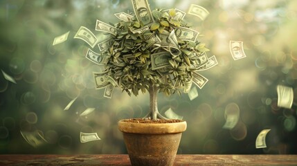 A tree with dollar bills as leaves growing in a pot, representing financial growth and prosperity - Powered by Adobe