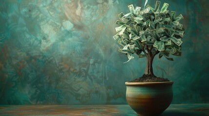 A tree with dollar bills as leaves growing in a pot, representing financial growth and prosperity