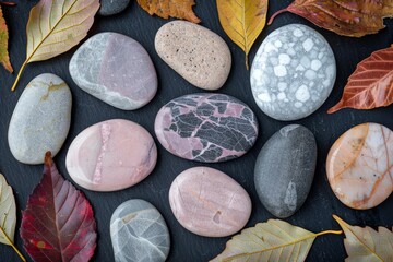 Naklejka premium Autumn leaves and decorative stones on a black background