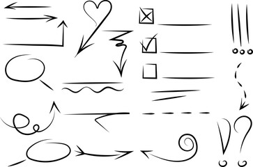 Hand drawn arrow, brush stoke, speech bubble, line, exclamation mark, question mark no background