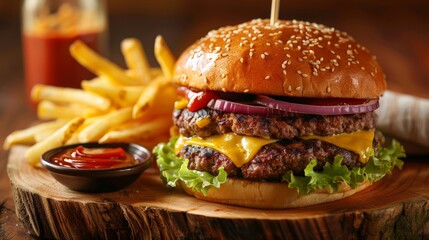 Delicious homemade cheeseburger with french fries