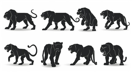 saber-toothed tiger silhouettes set 3D avatars set vector icon, white background, black colour icon