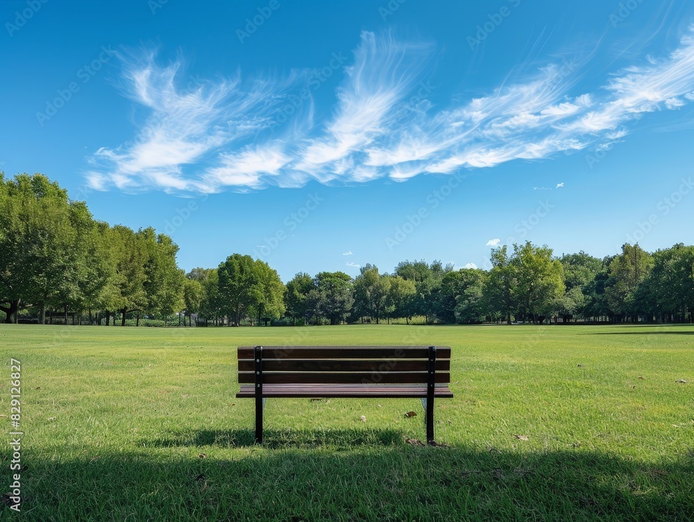 Wall mural peaceful park bench overlooking lush green field